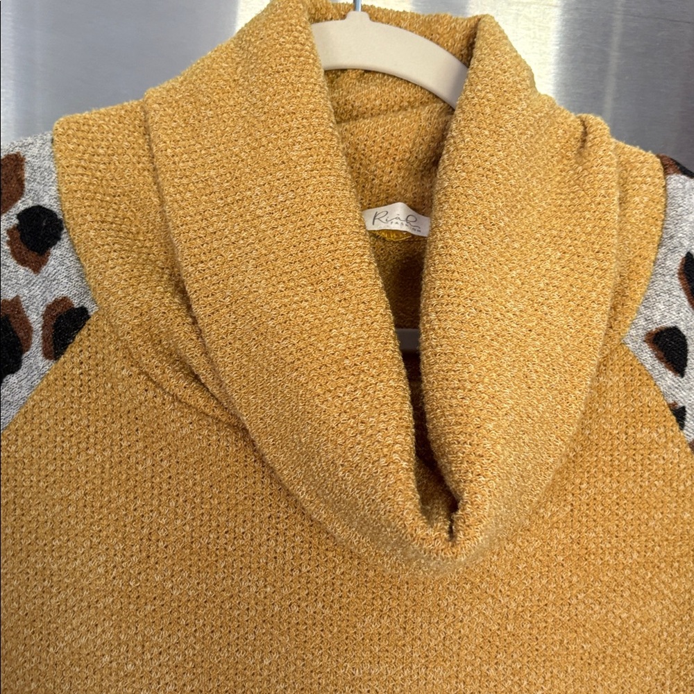 Mustard Cowl Neck Sweater with Leopard Print Sleeves - Picture 3 of 6